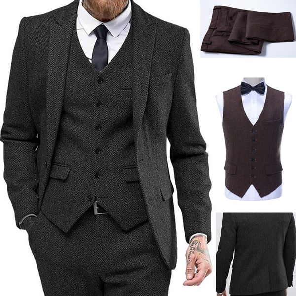 Costume classique 3 pièces pour hommes, Tuxedos à revers en Tweed à chevrons (Blazer + gilet + pantalon) pour l'expédition