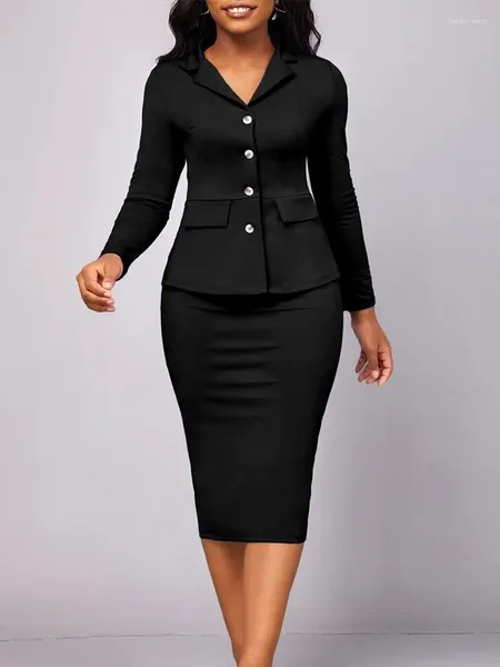 Vestidos de trabalho define outifits 2023 botão sólido design lapela superior saia conjunto senhora do escritório de duas peças de moda para mulheres elegante feminino