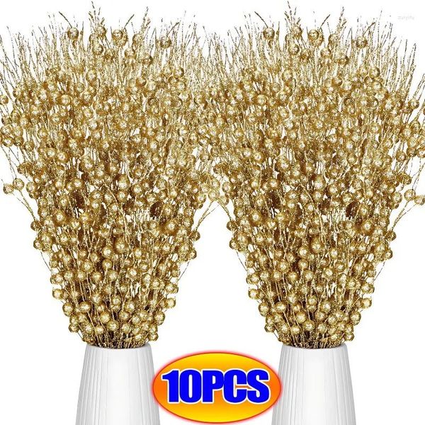 Flores decorativas 1/10 pçs artificial glitter berry stem decoração falso flor varas decoração da árvore de natal para casa vaso de natal festa diy