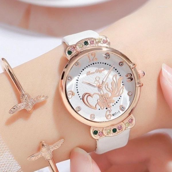 Armbanduhren Luxus Quarz Lucky Damenuhren Bogen Zifferblatt Lederuhr Mädchen Damenuhr Geschenk Reloj Para Mujer