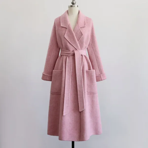 Abiti casual 2023 Cappotto invernale sopra il ginocchio con lacci larghi rosa delicato morbido a doppia faccia in lana di media lunghezza