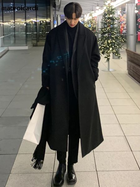 Herren Wollmischungen Mauroicardi Herbst Winter Lange Lose Lässige Schwarz Braun Warme Wollmischungen Trenchcoat Männer Zweireiher Koreanische Mode 231206