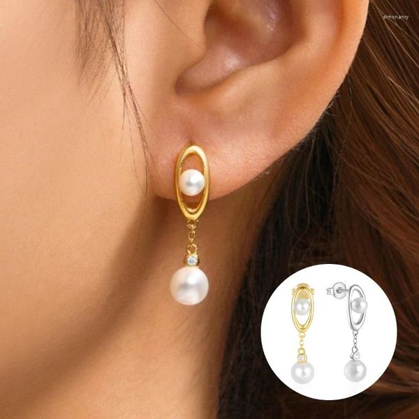 Brincos pendurados aide 925 prata esterlina duas pérolas pendurado push-back piercing gota para mulheres luxo elegante tendência jóias presente de festa