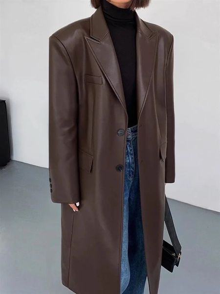 Mulheres Trench Coats Menina Maillard Estilo Marrom Comprimento Médio PU Casaco De Couro Outono Inverno Solto Na Altura Do Joelho Jaqueta Moda Feminina Roupas 231207