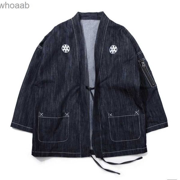 Jaquetas masculinas estilo japonês homens finos denim quimono jaqueta gola de três quartos mangas sakura bordado solto haori com bolso de manga yq231207