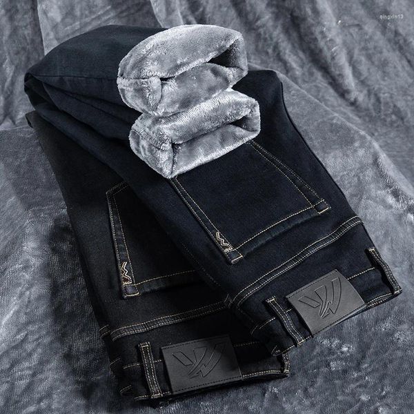 Männer Jeans Mode Blau Schwarz Flanell Gebürstet Für Männer Stretch Casual Gerade Dünne Bequeme Marke Männliche Fleece Denim Hosen