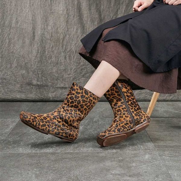 Leopardo padrão cavalo outono/inverno cabelo sapatos femininos camada superior de couro verdadeira sola salto grosso zíper lateral moda martin botas femininas