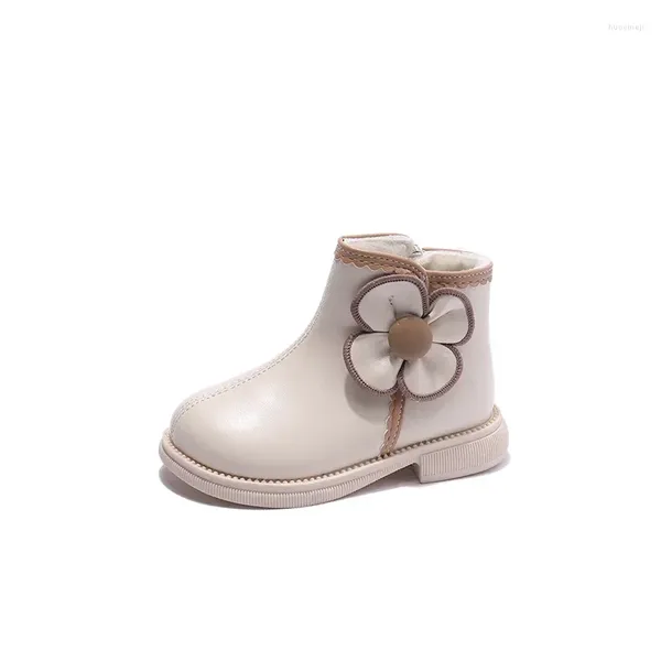 Botas meninas flores tornozelo 2024 inverno crianças moda curto preto bege princesa sapatos fino algodão crianças couro