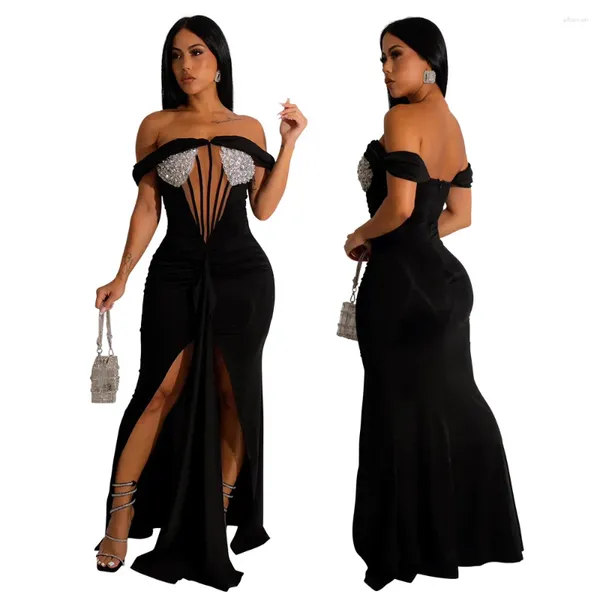 Vestidos casuais mulheres fora do ombro Splicing Bust Ruched Flader Split Front Front Mermaid Maxi Dress 2023 Sexy Prom Vestidos