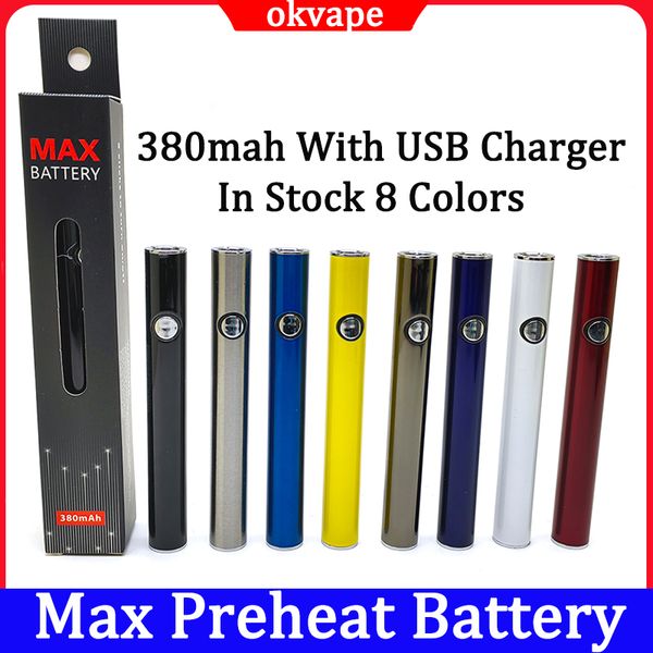 Max Pré-aqueça Bateria 380mAh Baterias de Vape de Tensão Ajustável com Kit de Carregador USB para Caneta de Pacote de Bolha de 510 Fios