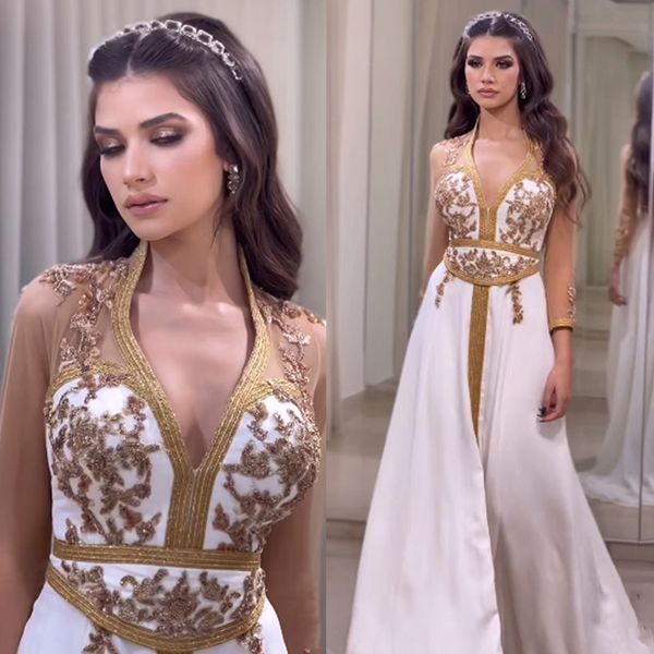 Moderno árabe kaftan branco vestidos de noite com renda dourada apliques frisados uma linha mangas compridas vestido de ocasião formal para mulheres 2024 frente dividida dubai vestido de baile