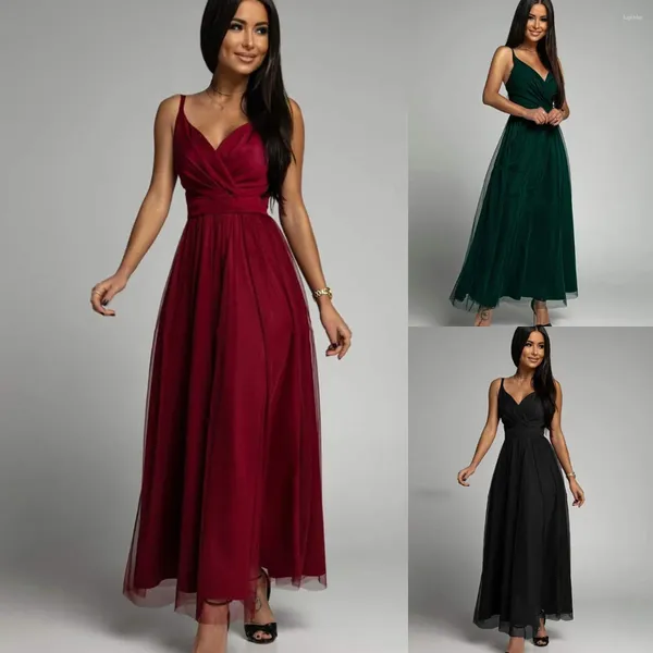 Lässige Kleider Damen Sexy Mesh Abend Partykleid Schwarz Grün Burgund Spaghettiträger V-Ausschnitt Elegantes Langes Prom Chic Brautjungfernkleid