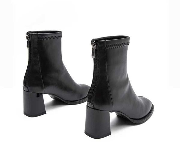 Schwarze Damen-Stiefeletten, modische Reißverschlüsse hinten, kurze Botas, elegante quadratische High-Heel-Schuhe für den Winter, Damenschuhe