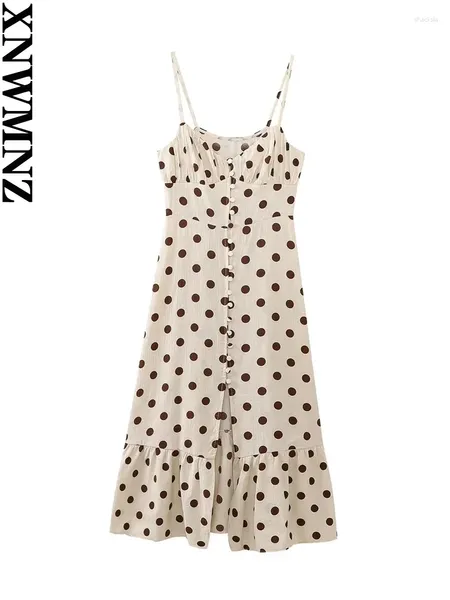 Casual Dresses XNWMNZ Damenmode Polka Dot Korsett Kleid Vintage V-Ausschnitt Dünne Träger Rüschen Saum Vorderknopf Weiblich Midi