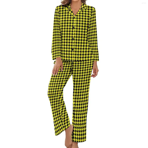 Pijamas femininos elegante houndstooth pijamas senhora preto e amarelo retro diário manga longa duas peças lazer v pescoço conjunto personalizado