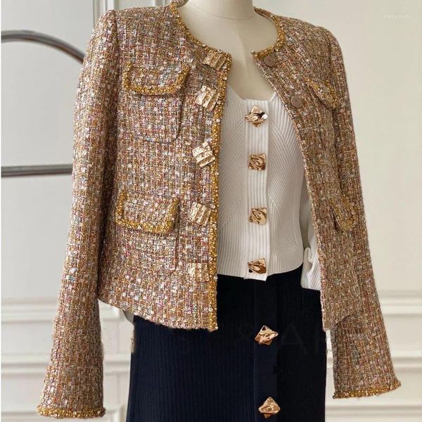 Jaquetas femininas ouro tweed em torno do pescoço curto para mulheres na primavera outono 2023 celebridade luz e jaqueta de temperamento fino