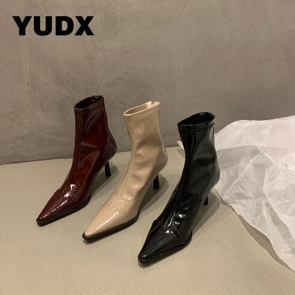 Botas designer mulheres tornozelo botas modernas apontou toe senhoras moda vestido de salto fino bombas sapatos femininos sexy zíper clube chique 231206