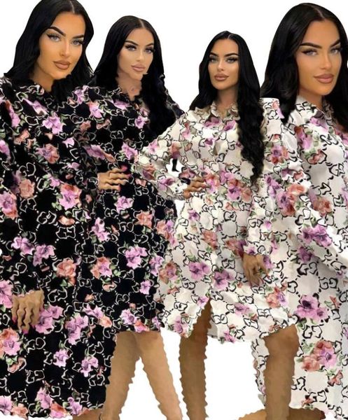 2024g novo luxo desinger feminino casual impresso flores preto branco vestido blusas camisas único breasted moda topo acima do joelho camisas