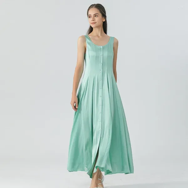 Lässige Kleider Mintgrün 40 Momme Doppelseitiges Satin-Schwergewichts-Seidenkleid O-Ausschnitt Einreiher Hemd Slip Damen AE1713