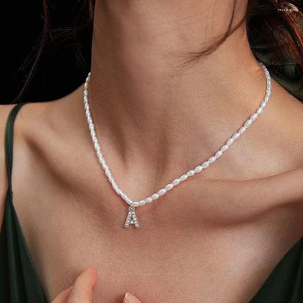 Anhänger Halsketten Klassische Pave Zirkonia A-Z Buchstabe Initial Halskette Frauen 4 6mm Imitation Perle Für Schmuck Geschenk