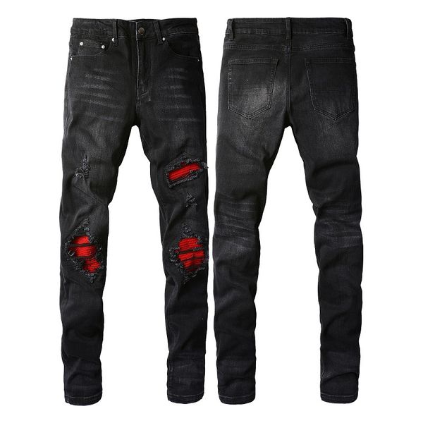 Jeans da uomo Jeans con patch buco alla moda di strada europea e americana, jeans leggings slim fit da uomo alla moda di alta strada neri