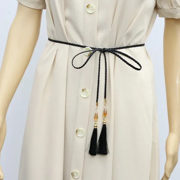 Cintos 61'' Bohemian Casual Preto Cintas de Cintura Moda Tassel Design Mulheres Elegantes Robe Vestidos Simples