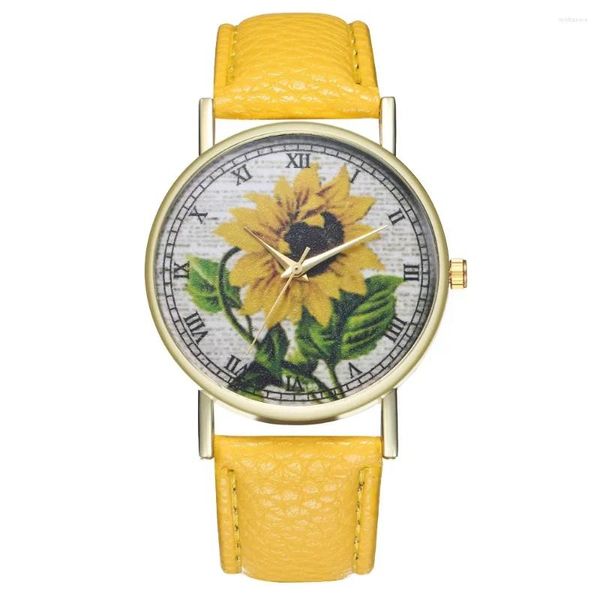 Orologi da polso Orologi in pelle PU di lusso semplici Orologi da polso al quarzo Girasole Pittura Donna Donna Orologio da coppia Orologio da polso