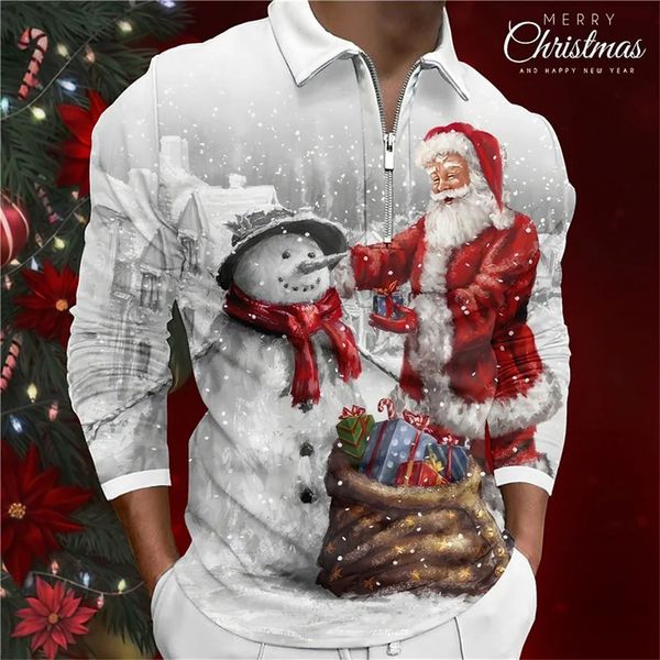 Herren-Poloshirts, Weihnachtsmann, Schneemann, lässig, Herren-Poloshirt mit 3D-Druck, Reißverschluss, Golf, Streetwear, Weihnachten, Polyester, langärmelig, Poloshirt mit Reißverschluss, Herbst und Winter, 231207