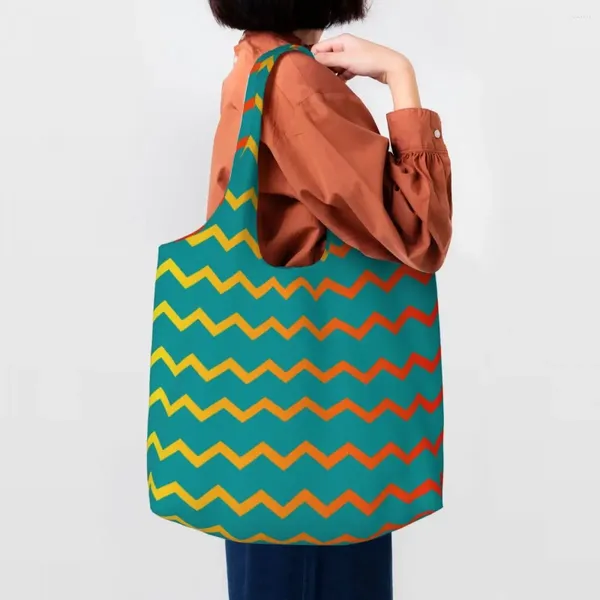 Sacos de compras padrão colorido ziguezague sacola reutilizável boêmio moderno geométrico mantimentos lona shopper bolsa de ombro presente