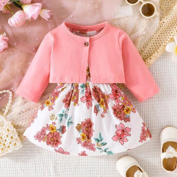 Комплекты одежды весна-осень, топ с длинными рукавами в детском стиле, жилет, юбка с цветком, комплект из двух предметов, наряд для девочек, платья для малышей