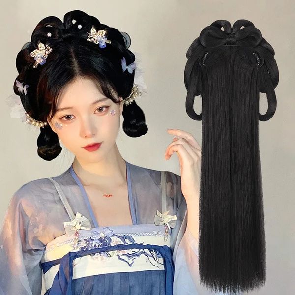 Headwear Acessórios de Cabelo Chinês Antigo Saco Hanfu Integrado Hairband Conjunto de Cabelo Preto Antigo Estilo Tang Novice Acessórios Encaracolados para Mulheres 231207