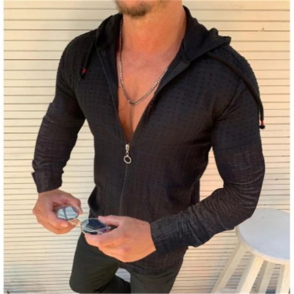 Polos masculinos verão moda praia protetor solar de manga comprida com capuz zíper camiseta homens roupas cor sólida casual xadrez s 5xl 231206