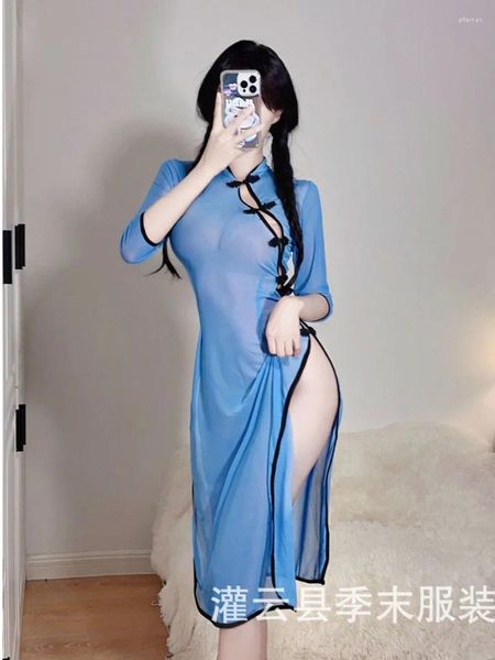 Vestidos casuais sexy vestido de estudante uniforme cosplay garfo azul pijama transparente único breasted strapless oco suave qn53