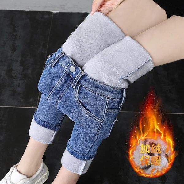 Jeans femininos tendência mulheres cintura alta térmica inverno quente plush forrado denim calças leggings azul preto feminino calças 231206