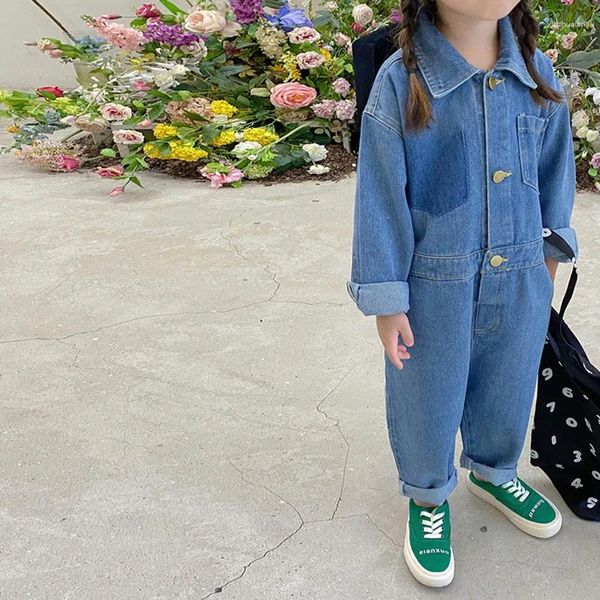 Pantaloni stile coreano autunno neonata jeans pantaloni blu risvolto colletto tute tute con tasca capispalla per bambini