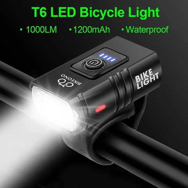 Luzes de bicicleta 1000LM Luz Farol T6 Bicicleta Lanterna LED USB Recarregável Tocha Liga de Alumínio Ciclismo Baixo Acessórios 231206