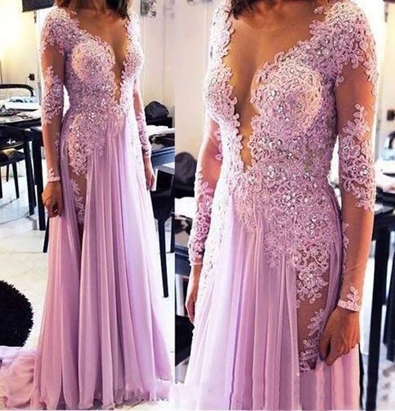 Vestidos de noite rosa vestido de baile festa uma linha formal o-pescoço manga longa apliques lantejoulas frisado chiffon personalizado plus size zíper rendas até ilusão novo