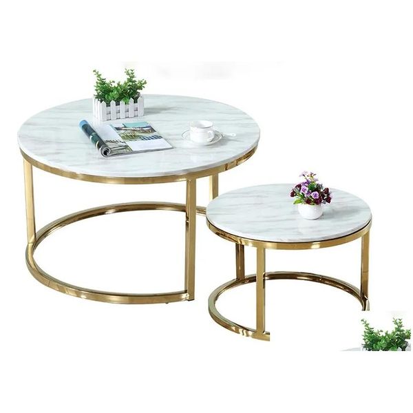 Mobiliário de sala de estar italiano luxo moderno 100% mármore redondo mesas de centro mesa para 2 em 1 combinação simples ferro table1567451 drop dhuxa