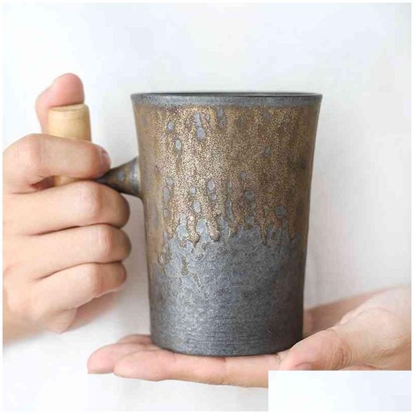 Tazze Tazza da caffè in ceramica vintage stile giapponese Tazza da tè Bicchiere Smalto ruggine Ufficio Latte Birra con cucchiaio Manico in legno Acqua 210409 Drop De Dhmcs