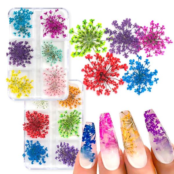 Nagelkunst-Dekorationen, 12 Stück, Box mit 3D-getrockneten Blumen, Nagelkunst-Dekorationen, echte getrocknete Blumen-Aufkleber, DIY-Maniküre-Anhänger-Designs für Nägel, Zubehör 231207