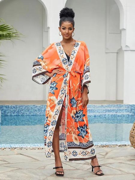 Damen-Badebekleidung, Sommer, orange, Boho-Druck, selbstgegürtelt, vorne offen, langes Kimono-Kleid, Strand-Tunika, Damen-Badeanzug-Vertuschung, Q996