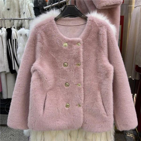 Pelliccia da donna 2023 Inverno Donna O-Collo Imitazione Visone Giacca in cashmere Casual Doppiopetto Manica lunga Cappotto caldo Bianco Albicocca Rosa