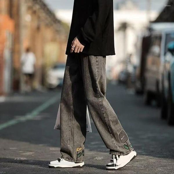 Jeans masculinos perna larga bordado floral solto estiramento reto streetwear calças esportivas