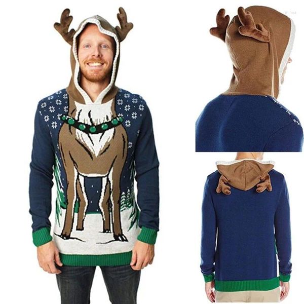 Мужские свитера в уродливом рождественском свитере с 3D принтом лося, вязаный мужской джемпер с капюшоном в стиле Харадзюку, пуловер унисекс, вязаная забавная зимняя одежда