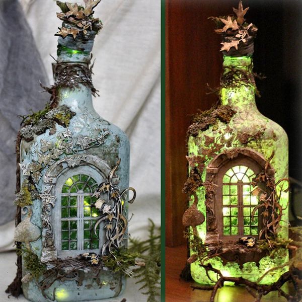 Objetos decorativos estatuetas criativo luminoso garrafa de vinho ornamentos halloween fantasma castelo modelo pátio miniatura resina jardim decoração para casa 231207