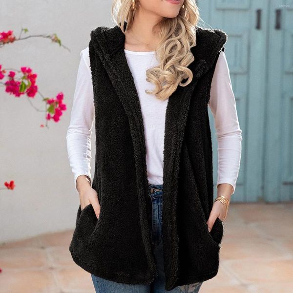 Coletes femininos outono inverno fluffly vintage pelúcia com capuz colete casacos sem mangas quente cardigan outwear teddy aconchegante jaqueta moda