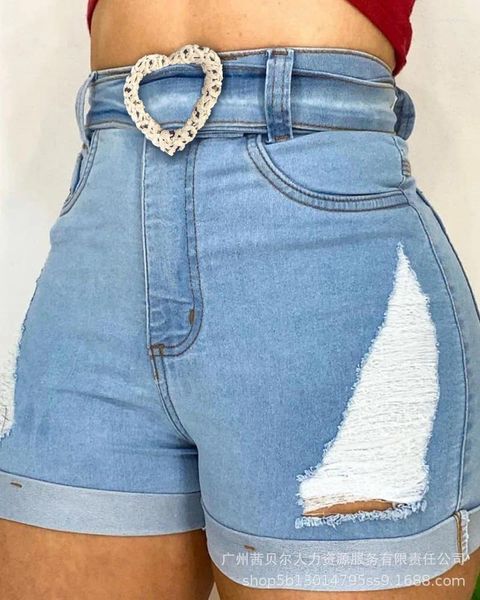 Jeans femininos shorts casuais 2023 modelos de primavera azul cintura alta buraco apertado denim - precisa de cinto
