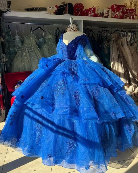 Azul real princesa vestido de baile quinceanera vestidos fora do ombro flores rendas apliques cristais contas doce 16 vestido 322