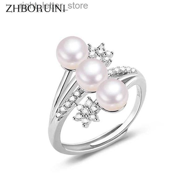 Solitaire Ring Zhboruini Yeni Tasarım İnce İnci Yüzük Üç Gerçek Doğal İnci 925 STERLING Gümüş Yüzük Elmas Kadın Aksesuarları Takı Hediyesi YQ231207