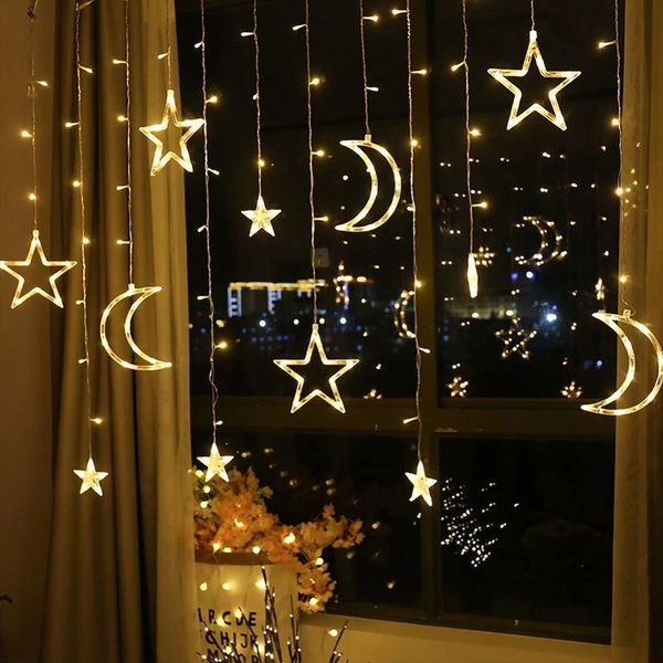 Decorazioni natalizie 3,5 m bianco caldo stelle lunari luci a corda per tende ghiacciolo luce a LED 8 modalità impermeabili per la decorazione della casa della festa nuziale della stanza 231207